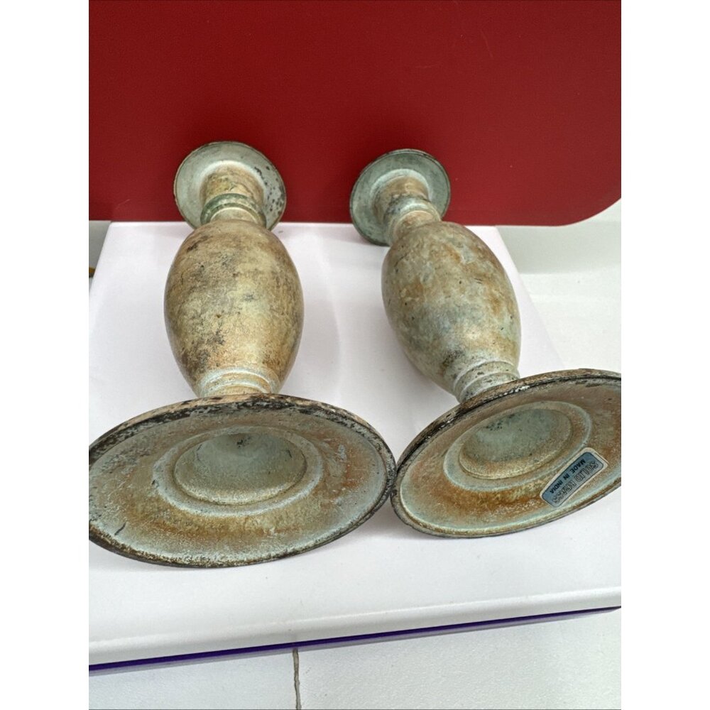 Vtg Rare Pair of Solid Bronze Candle Sticks Holders Gray Green Orange 6”x3” - Picture 3 of 10